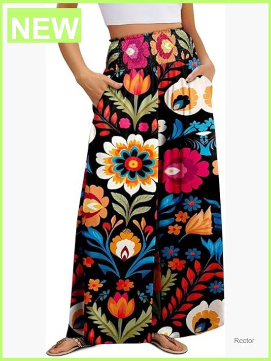 Pants - Wide Leg Palazzo Pants High Waisted Elastic Smocked Waist Flowy Casual with
